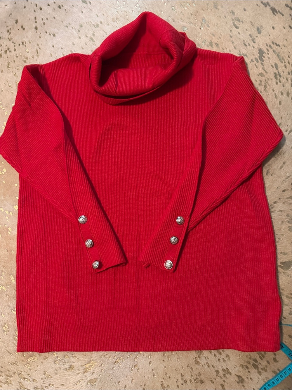 Women’s Red Turtleneck Ribbed Sweater with Decorative Buttons